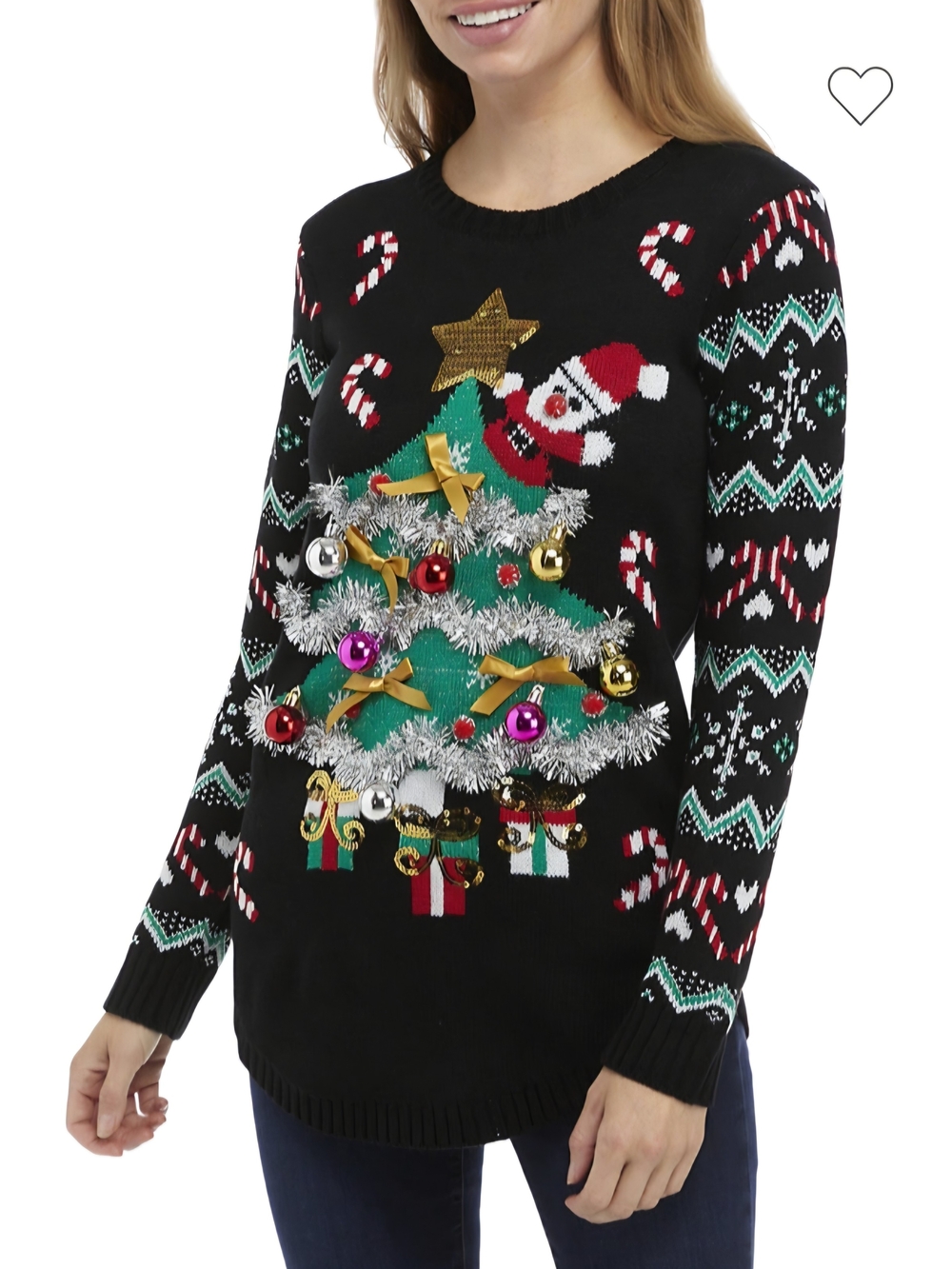 Women's Black Holiday Tree Embellished Crewneck Sweater